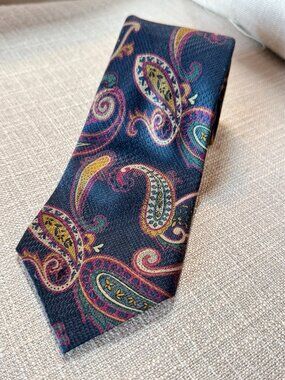Countess Mara Silk Tie – Paisley on Glen Plaid – Blue Gold Burgundy – 3.75"